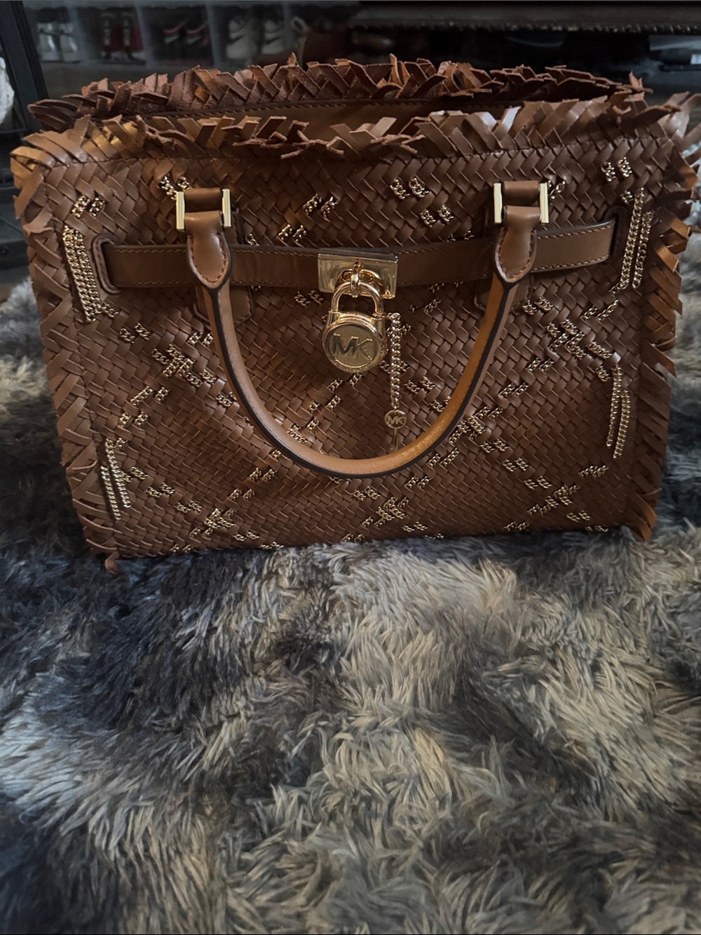 Michael Kors Brown Woven Leather Tote with Gold-Tone Charm